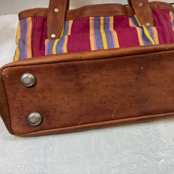 VTG Brown Leather & Striped Tapestry Handbag Snap Closure 11"x4"x10.5" - Picture 9 of 13